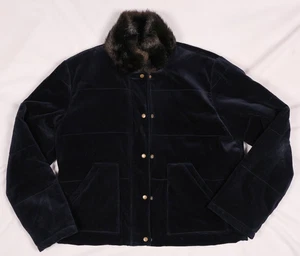 J Peterman Women’s Blue Velvet Jacket w/ Brown Faux Fur Collar [M] Quilted Look - Picture 1 of 4