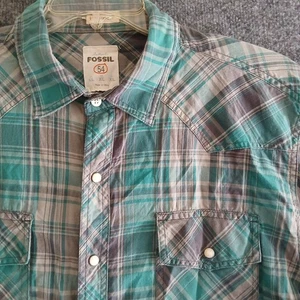Fossil 54 Western Long Sleeve Snap Down Shirt Green Plaid Size XL - Picture 1 of 6