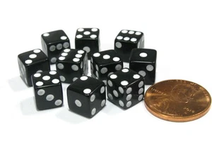 Set of 10 8mm Six-Sided D6 Small Square-Edge Dice - Black with White Pips - Picture 1 of 1