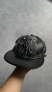 Rare New Era Vintage New York Yankees Black Leather Fitted Baseball Hat Sz 7 1/8 - Picture 1 of 6