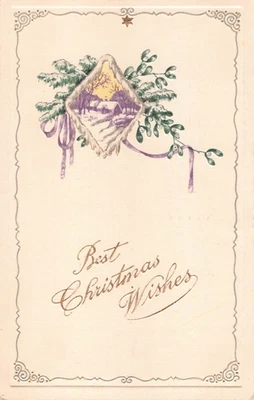 Art Deco Weihnachts-Postkarte 1922 mit verschneiter Kiefer & Mistelzweig vom ländlichen Winterhaus - Bild 1 von 2