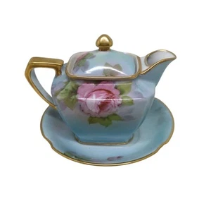 Hand Painted Noritake Syrup Pitcher Lid & Underplate Pink Roses On Blue 1930's - Picture 1 of 21