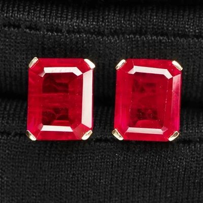 Blood Red Ruby Emerald Cut 9.45Ct 925 Sterling Silver Rose Gold Stud Earrings - Image 1 of 4