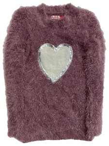 Girls Fuzzy Purple & Silver Sequin Heart Sweater Large (10-12) - Picture 1 of 1