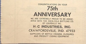 H-C Industries Crawfordsville IN Embalaje Coca-Cola 75º Anuncio Impreso Vintage 1976 - Imagen 1 de 4