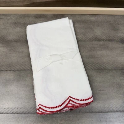 Pottery Barn Red Scalloped Dinner Napkins Set of 4 White Red Cotton Linen NWOT - Image 1 of 4