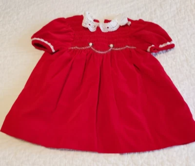 Vintage Polly Flinders Red Heavy Velvet Smocked 18 Months Dress EUC see details - Image 1 of 4