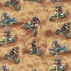Motorcross Dirt Motorbike Brown Background Cotton Quilting Fabric 80 Cms