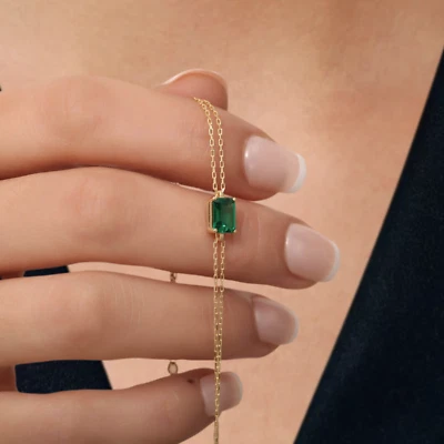 14K Solid Gold Emerald Bracelet, Minimalist Lab Grown 14K Gold Emerald Bracelet - Image 1 of 4