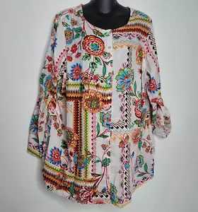 Halston Blouse Shirt Top Womens 1X Floral 100% Linen Roll Tab Sleeves Flower NEW - Picture 1 of 7
