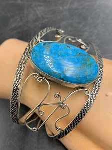 GIANT Turquoise Cuff Bangle 925 Silver 9.5” Bracelet - Picture 1 of 13