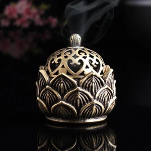 Brass Lotus Incense Burner Statuette Figurines Gifts Copper Fengshui Sculptures - Picture 1 of 4