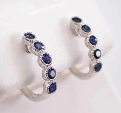 14K White Gold Plated 1.00Ct Round Cut Lab-Created Sapphire Huggie Hoop Earrings - Image 1 of 4
