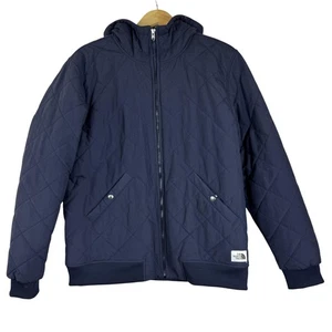 North Face Jacket Mens Large Navy Blue Quilted Hooded Sherpa Lined Warm Coat - Picture 1 of 11