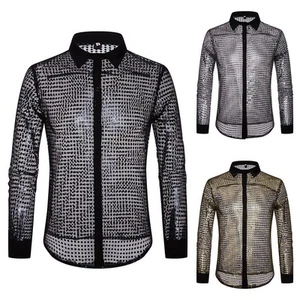 Mature Men's Fashionable See Through Sequin Top Perfect for Nights Out - Picture 1 of 40