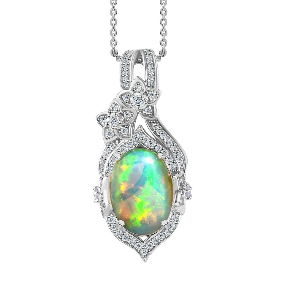 Premium Ethiopian Welo Opal & White Zircon Necklace in Platinum over Silver - Image 1 of 4