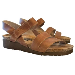 NAOT KAYLA Women's Tan Brown Leather Sandals EVA Sole Cork Wedge Shoes Size 37 6 - Picture 1 of 12