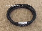 LEATHER BRAIDED BLACK ROPE STYLE WRAP  BRACELET/NECKLACE STAINLESS STEEL CLASP