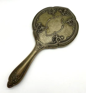 Antique Art Nouveau Beveled Hand Mirror Silver Plate Gold Tone 1905 11.5" L - Picture 1 of 10