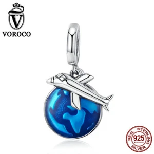 VOROCO 925 Silver Wrold Adventures Dangle Charm With Plane And Blue Enamel Earth - Picture 1 of 8