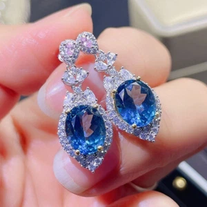 New Charming Women Jewelry Blue Topaz Gemstone Solid Stud Dangle Hook Earrings - Picture 1 of 6