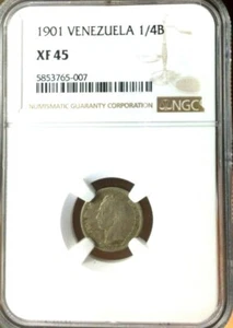 1901 Venezuela 1/4 Bolivar, NGC XF 45, Scarce Date, 25 Centimos - Picture 1 of 2