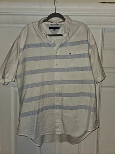 Vintage Tommy Hilfiger Shirt Mens XL White Button Down Short Sleeve Blue Stripe - Picture 1 of 11
