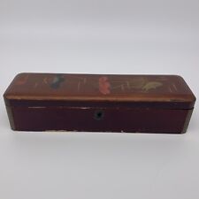 Antique Japanese Red Lacquer Wood 11” Glove Box w/ Hand Painted Flowers