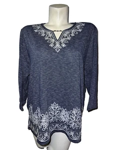 ALFRED DUNNER Top Plus Sz 2X Dark Blue Embellished V-neck Striped 3/4 Slv Shirt - Picture 1 of 7