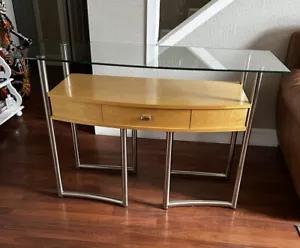 80’s Retro Glass Top Console/Entryway Table Light Oak Brushed Nickel Metal Legs - Picture 1 of 19