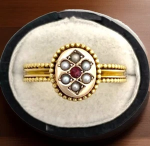 Victorian Mourning Ring c1866 - Ruby / Pearls- 18ct Pure Yellow Gold -Size S - Picture 1 of 6