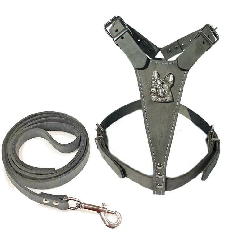 M&D LEATHER Grey Leather Dog Harness with French Bulldog Badge and Matching Leather Lead
