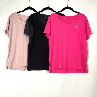 ЛОТ из 3 Under Armour UA RUSH рубашка женщин маленький розовый черный свободного кроя HeatGear - Изображение 1 из 4