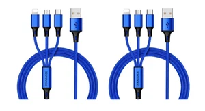 PACK x 2 Câbles Multi USB 3 en 1 Tressé et Renforcé - USB-C, Micro-USB - BLUE - Photo 1/4