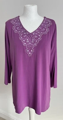Bob Mackie Wearable Art Purple V Neck Jersey Embellished Tunic Top 3/4 Sleeve M. - Image 1 of 4