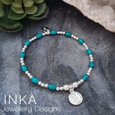 Inka Sterling Silver bead Stacking Bracelet with Turquoise / Moon & Stars Charm - Image 1 of 4