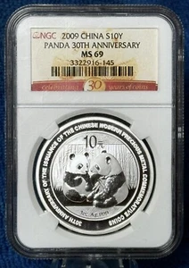 2009 China Panda Silver 10 yuan 1 oz 30th Anniversary Coin, NGC MS 69 - Picture 1 of 2
