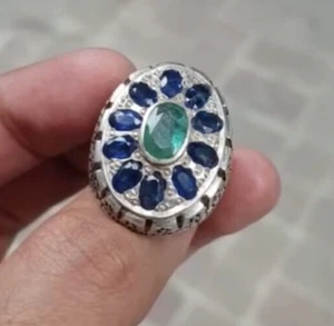 Emerald, Zamurd Stone With Blue Sapphire Around Ring - Sterling Silver 925 - Picture 1 of 7