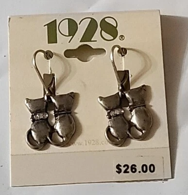 Pendientes Gato 1928 Cristal Tono Plata Palanca Trasera Nuevos 1 3/8" Colgantes Foto 1 de 4