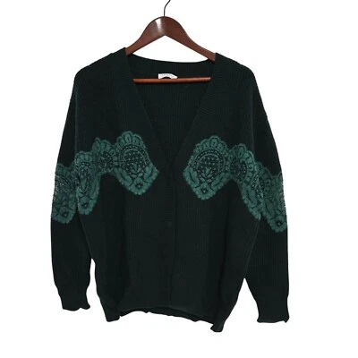 Cardigã SANDRO floral de renda aparado mistura de lã verde - Tamanho 1 (EUA PEQUENO) - Imagem 1 de 4