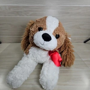 Walmart Spaniel Puppy Dog Plush Stuffed Animal Brown White Red Bow Laying Down - Picture 1 of 8