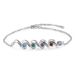 Custom Engraved 5 Name + 5 Birthstones Bracelet For Mom White Gold & Stainless - Picture 1 of 4