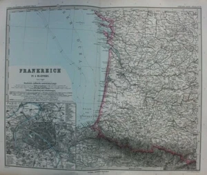 Original antique map SOUTH WEST FRANCE, PARIS CITY PLAN, Stieler, 1891 - Picture 1 of 8