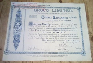 CERTIFICADO DE ACCIONES GROCO CAPITAL LIMITADO £50000 1922 - Imagen 1 de 1