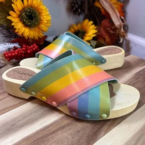 Zoccoli Kelsi Dagger Brooklyn zeppa tacco taglia 9,5 arcobaleno multi stampa pelle - Foto 1 di 10