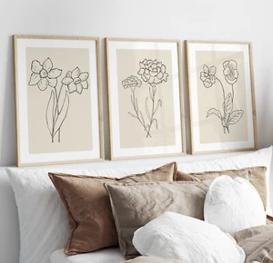 Winter Flower Prints Set of 3 Neutral Floral Art Prints Minimalist Wall Art - Picture 1 of 7