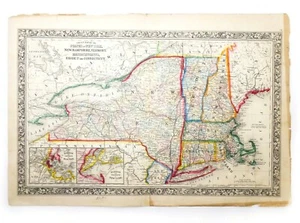MID-19TH C ANTIQUE 1860 HAND COLORED NEW ENGLAND MAP BY S. AUGUSTUS MITCHELL JR. - Picture 1 of 12