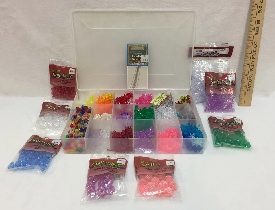 Bead Lot Multi Color Assortment w/ Clear Plastic Storage Box & Beading Needles - Image 1 of 4