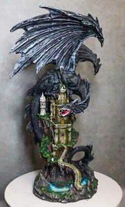 Ebros Large 23.5" Tall Black Dragon Guarding Castle Atop A Rocky Cliff Statue - Picture 1 of 9