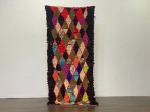 Vintage Moroccan Handmade Rug Berber Geometric Black Cotton Carpet 2'9"x7'5" Ft - Picture 1 of 11